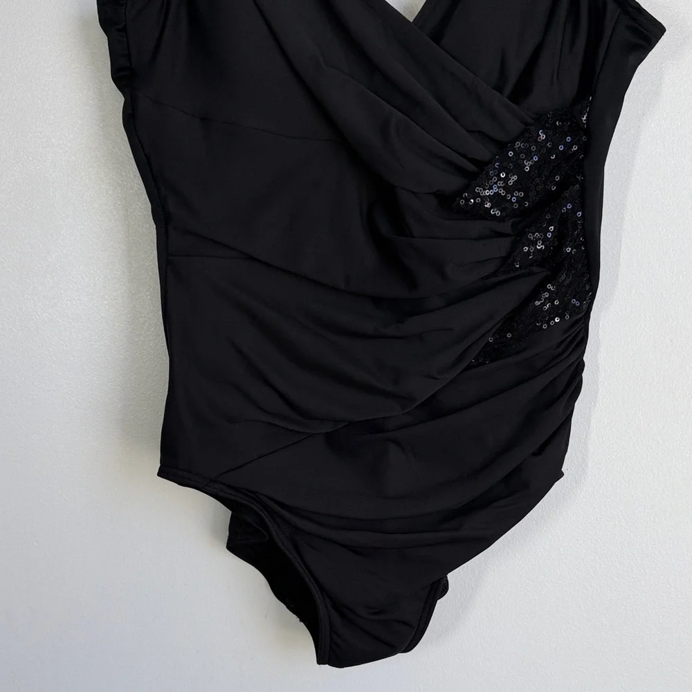 Black Sequin Detail V-Neck One-Piece Swimsuit